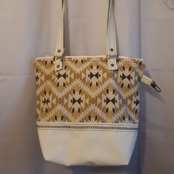 New Southwestern Geometric Vinyl Double handle Satchel Purse Ivory Mustard Brow - Picture 8 of 11